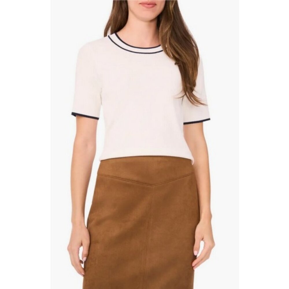 💕HALOGEN💕 Tipped Short Sleeve Crewneck Sweater ~ New Ivory Large L NWT